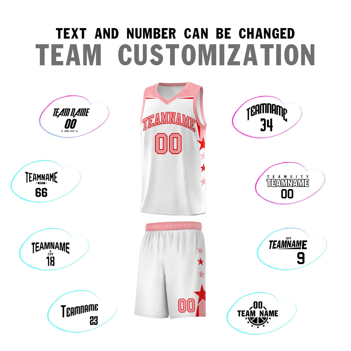 Custom Youth Basketball Uniform White Light Pink Two Tone Side Star Color Block Team Jersey