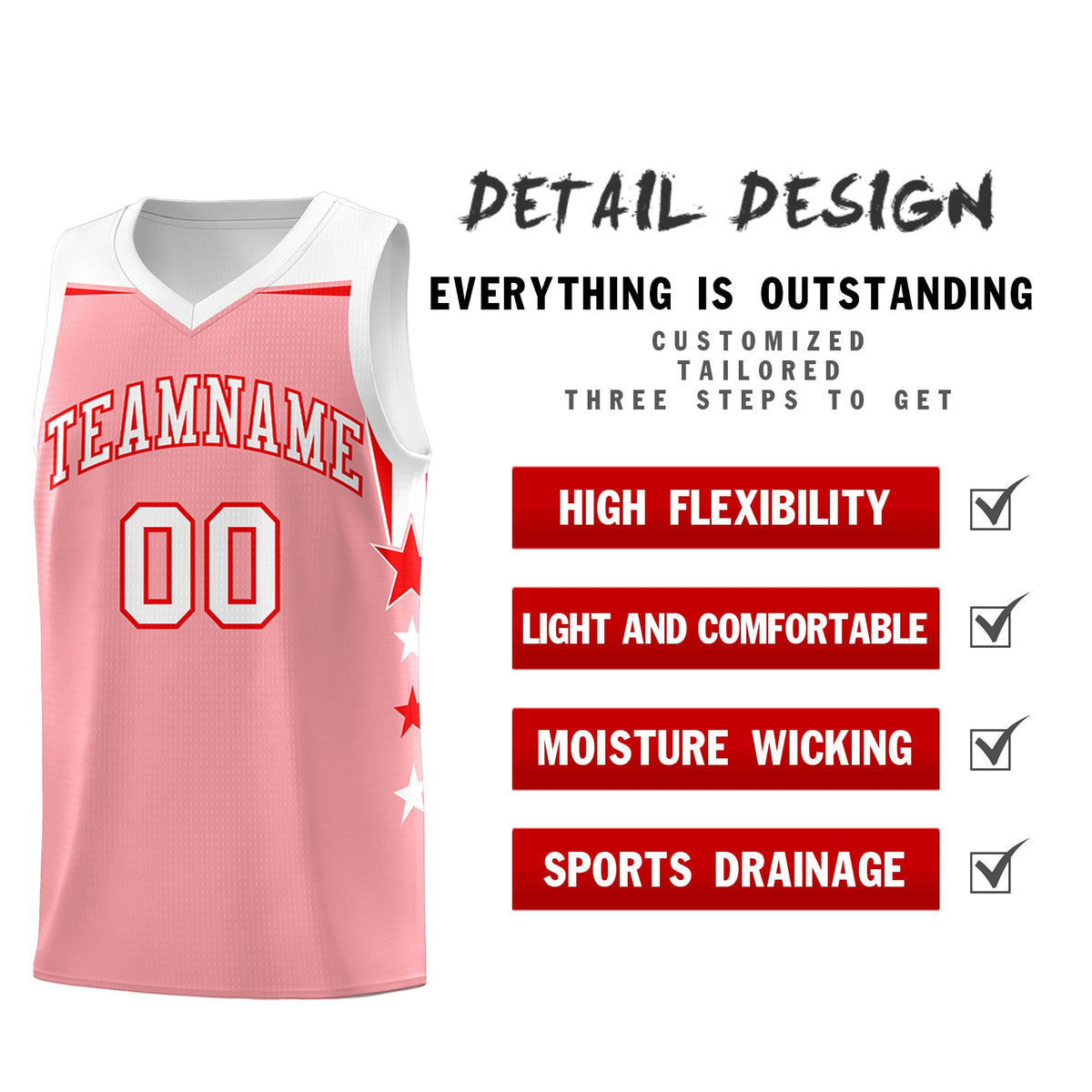Custom Youth Basketball Uniform Light Pink White Two Tone Side Star Add Name Number &amp; Logo