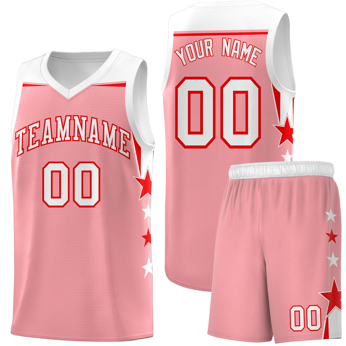 Custom Youth Basketball Uniform Light Pink White Two Tone Side Star Add Name Number &amp; Logo