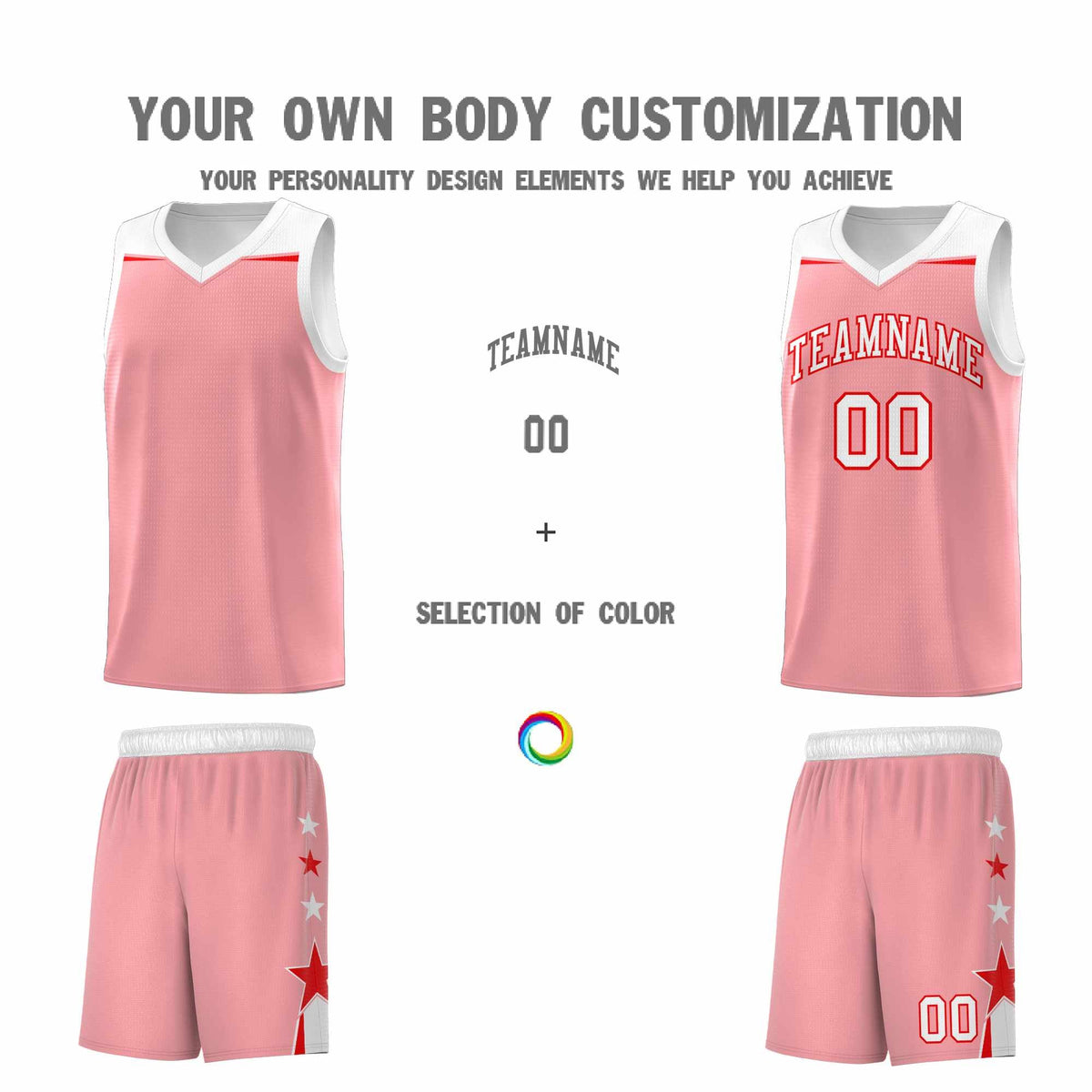 Custom Youth Basketball Uniform Light Pink White Two Tone Side Star Add Name Number &amp; Logo
