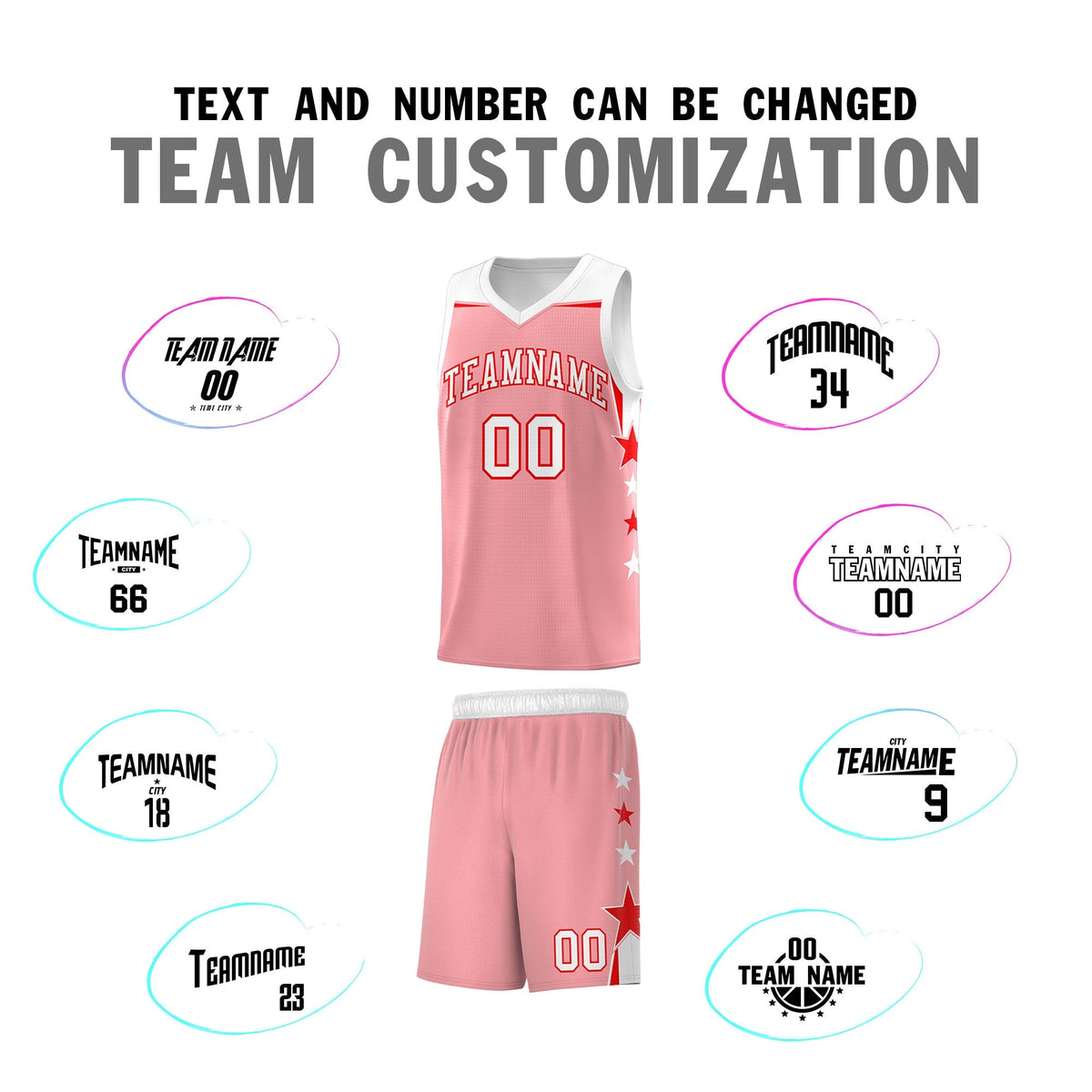 Custom Youth Basketball Uniform Light Pink White Two Tone Side Star Add Name Number &amp; Logo