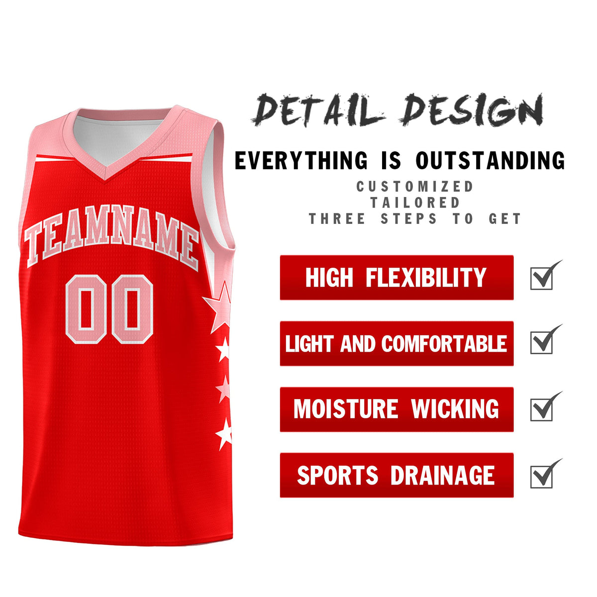 Custom Youth Basketball Uniform Light Red Light Pink Two Tone Side Star Personalized Team Jersey