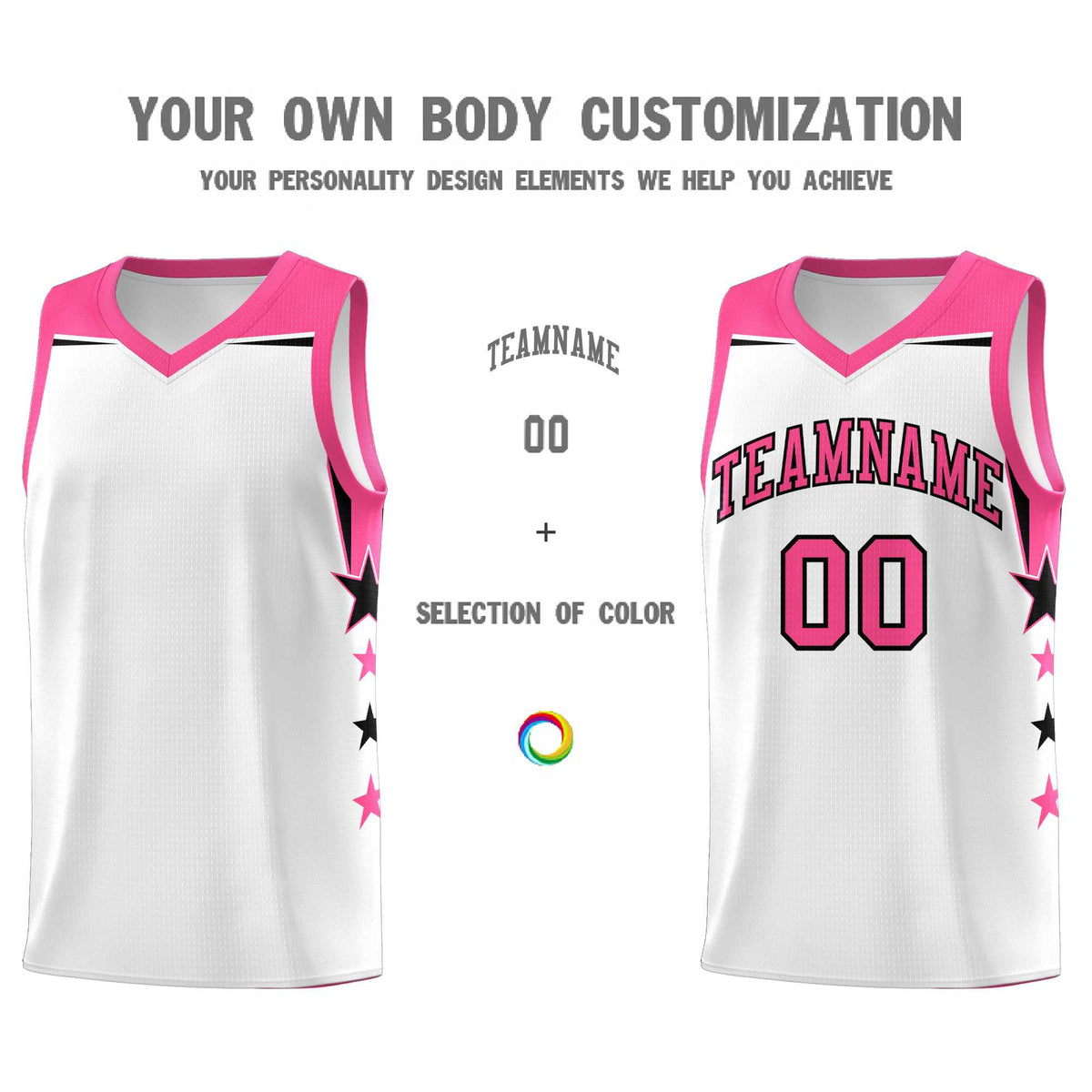 Custom Youth Basketball Uniform White Pink Two Tone Side Star Color Block Team Jersey