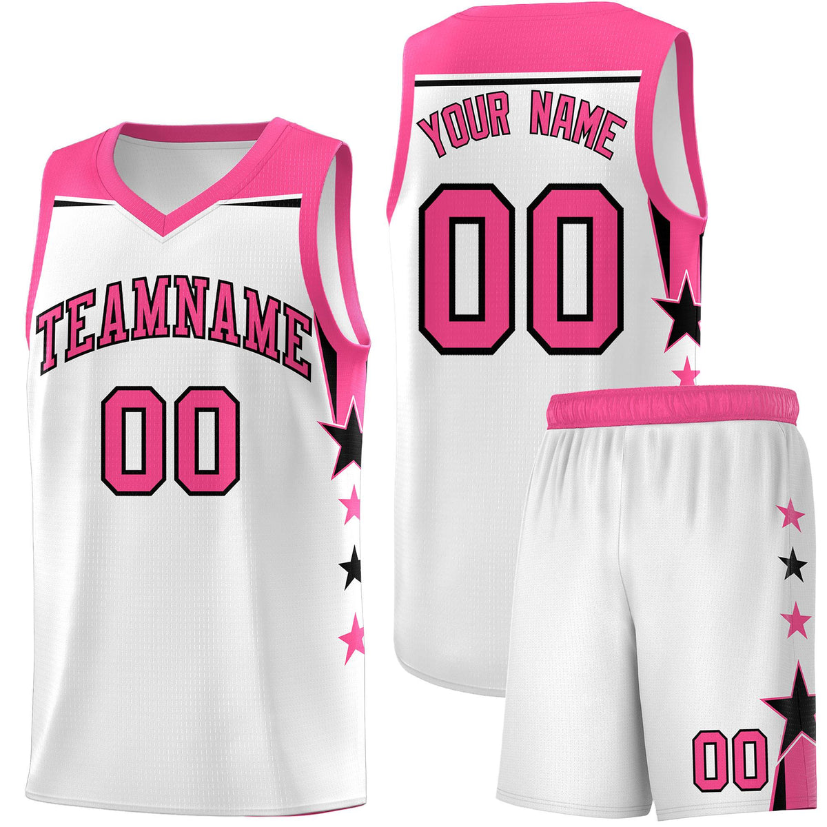 Custom Youth Basketball Uniform White Pink Two Tone Side Star Color Block Team Jersey