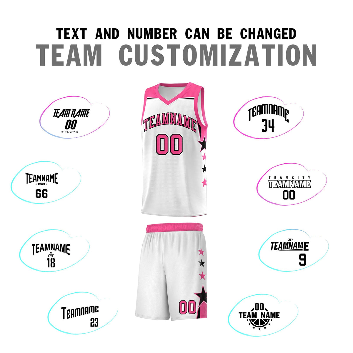 Custom Youth Basketball Uniform White Pink Two Tone Side Star Color Block Team Jersey