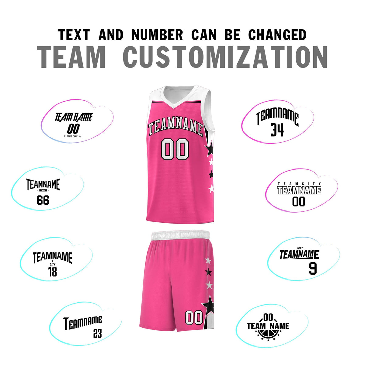 Custom Youth Basketball Uniform Pink White Two Tone Side Star Add Name Number &amp; Logo