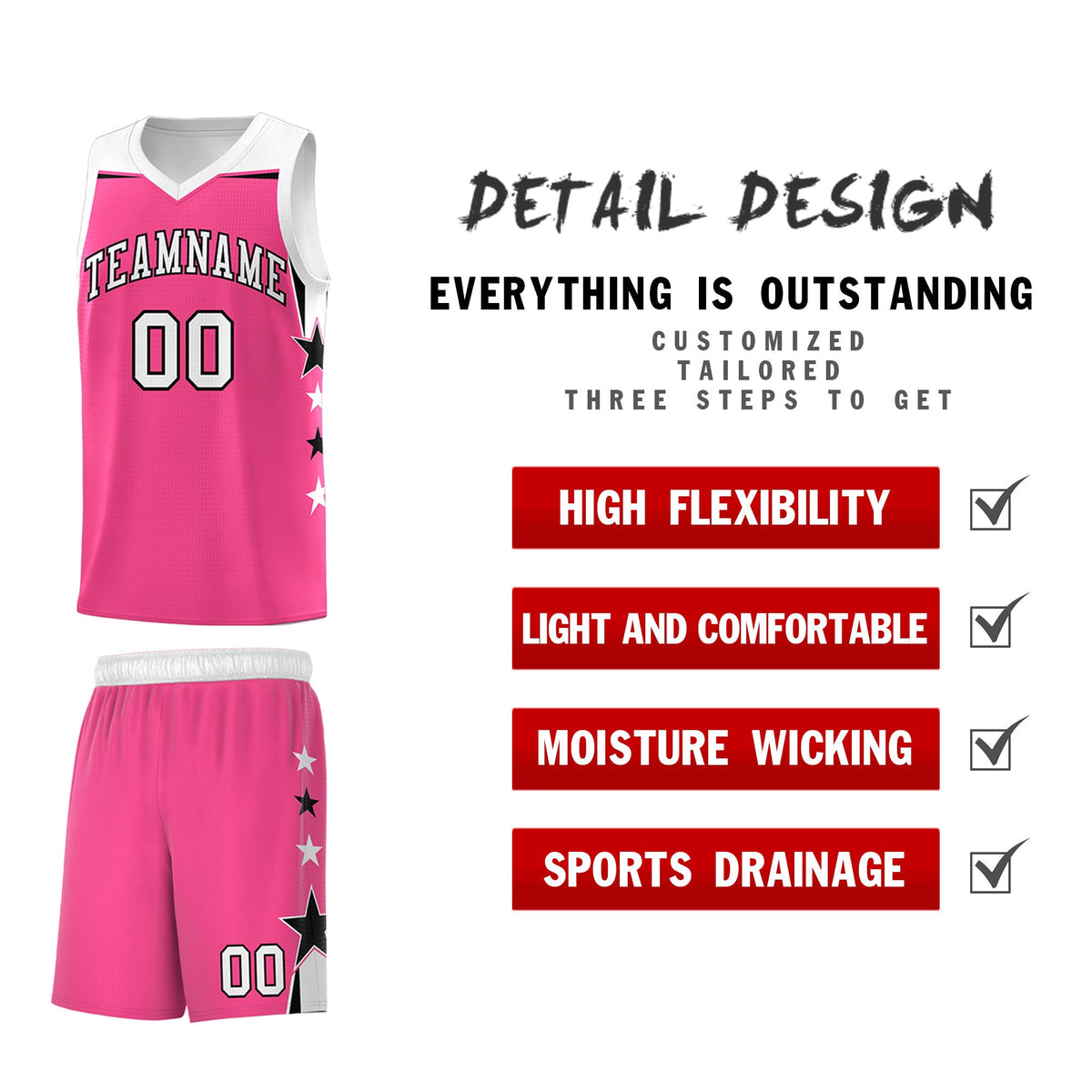 Custom Youth Basketball Uniform Pink White Two Tone Side Star Add Name Number &amp; Logo