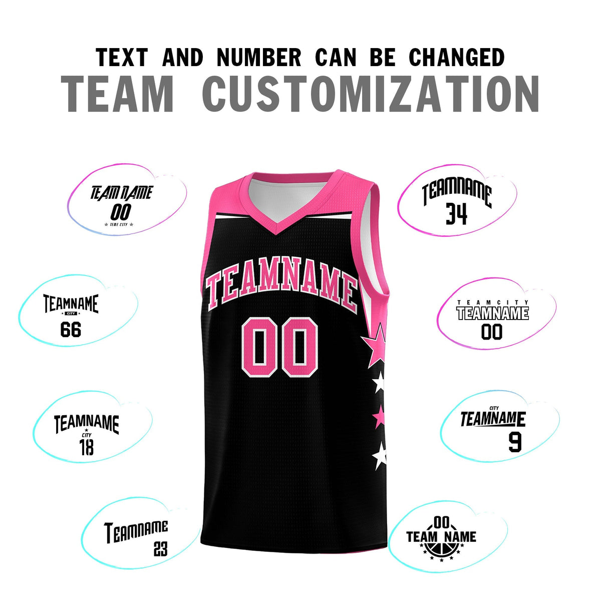 Custom Youth Basketball Uniform Black Pink Two Tone Side Star Personalized Team Jersey
