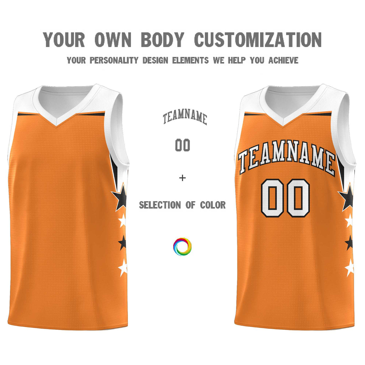 Custom Youth Basketball Uniform Gold Orange White Two Tone Side Star Add Name Number &amp; Logo