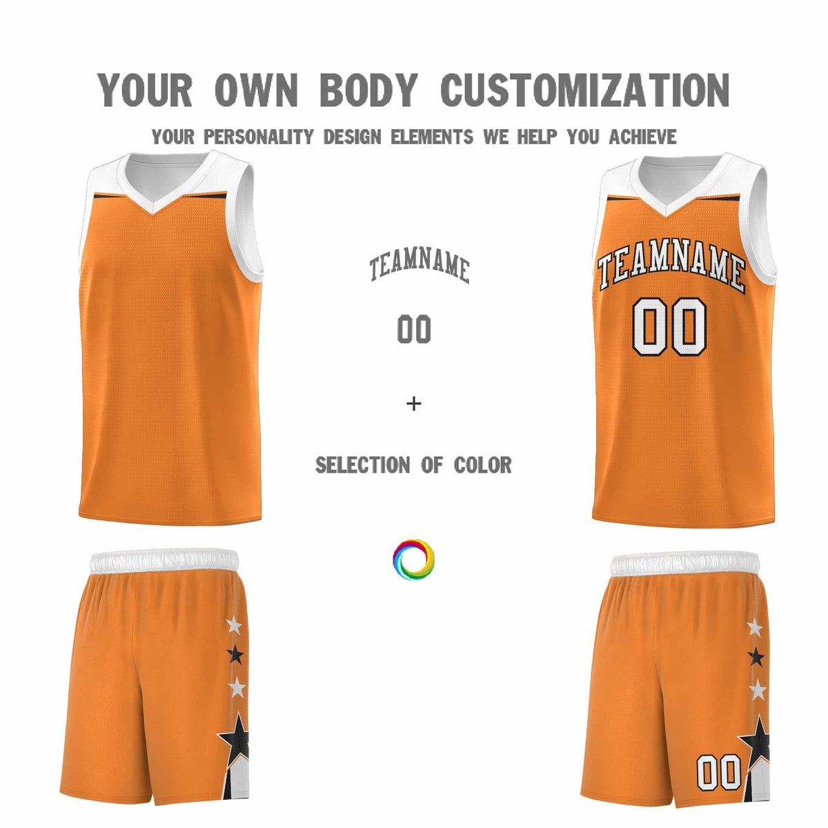 Custom Youth Basketball Uniform Gold Orange White Two Tone Side Star Add Name Number &amp; Logo