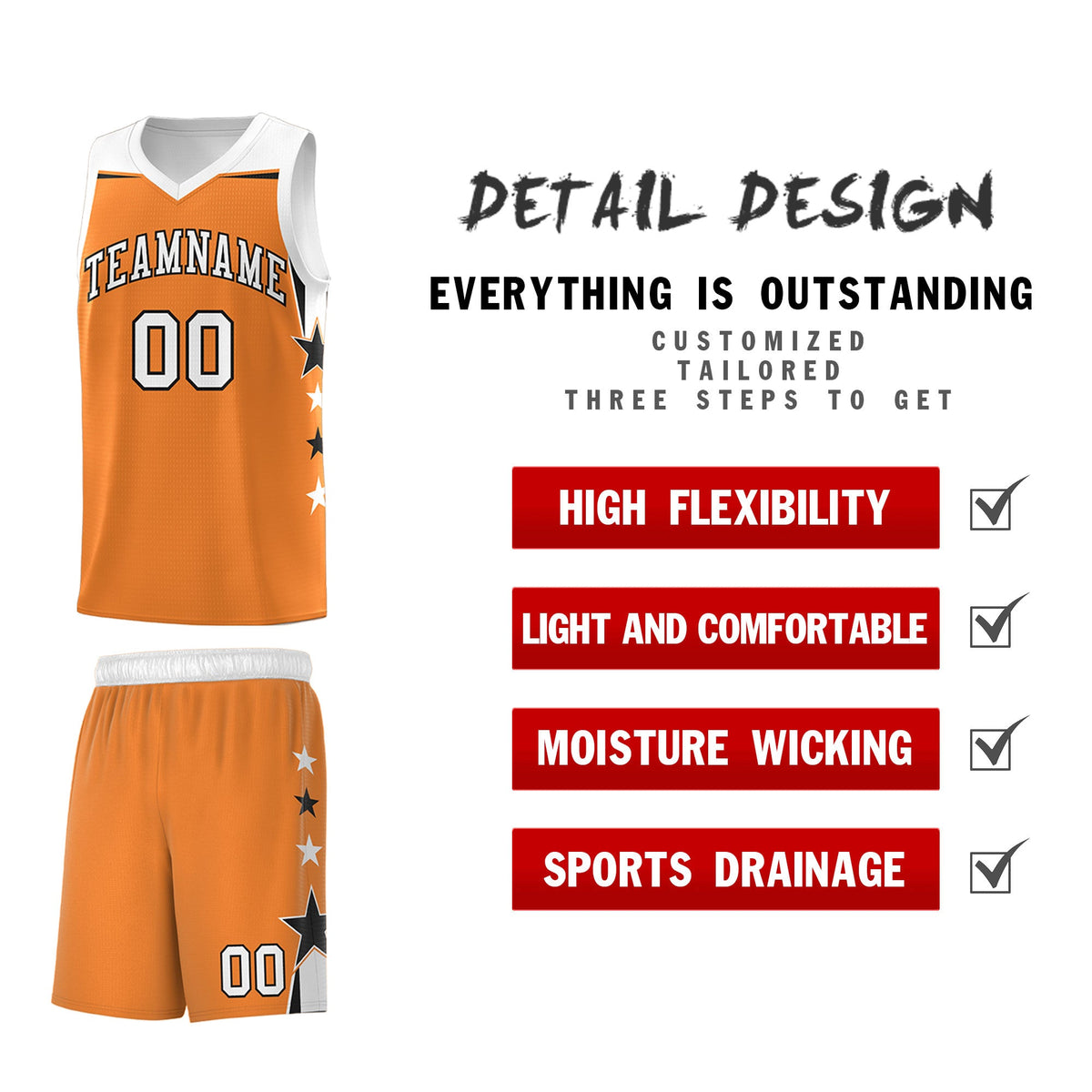 Custom Youth Basketball Uniform Gold Orange White Two Tone Side Star Add Name Number &amp; Logo