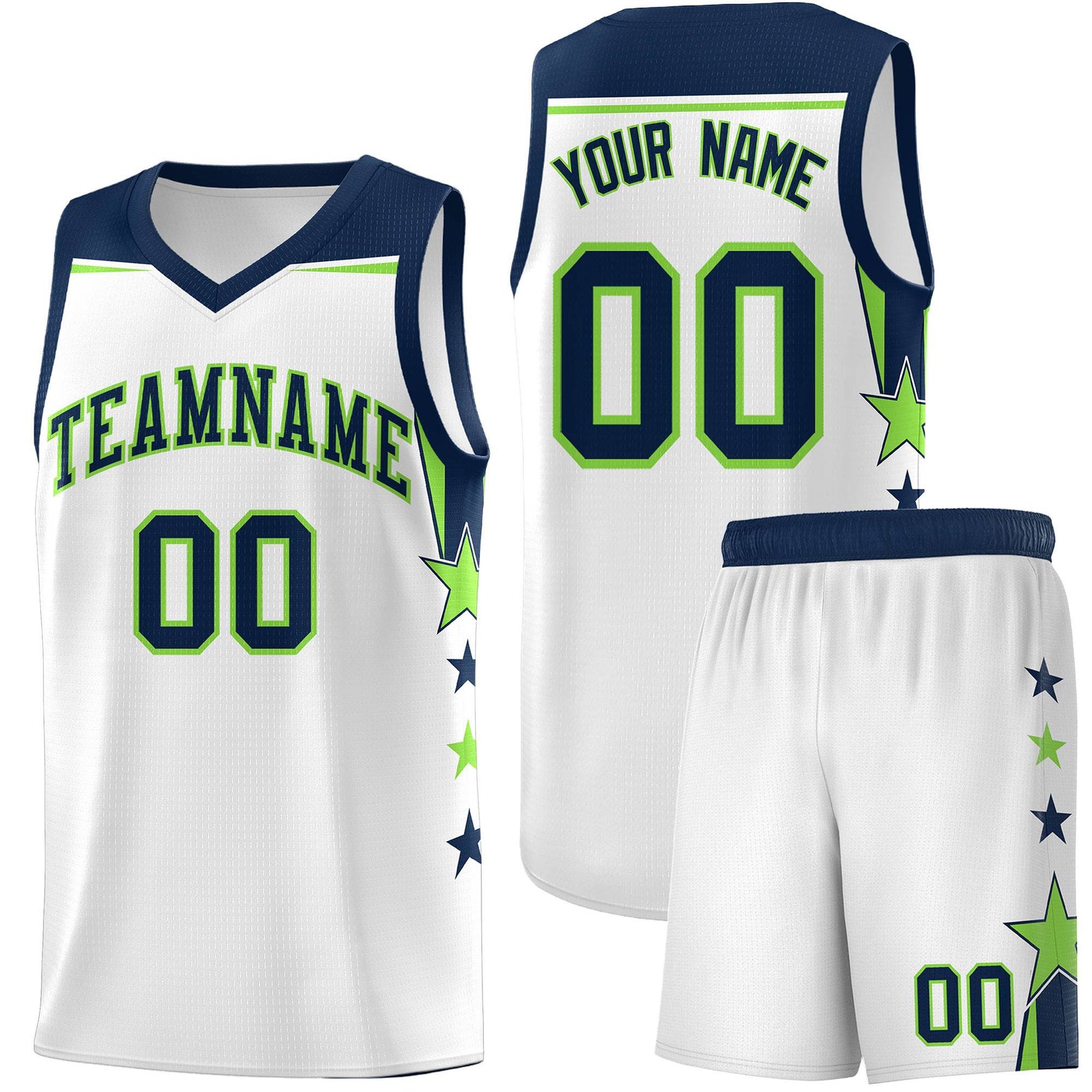 Custom Youth Basketball Uniform White Navy Two Tone Side Star Color Block Team Jersey
