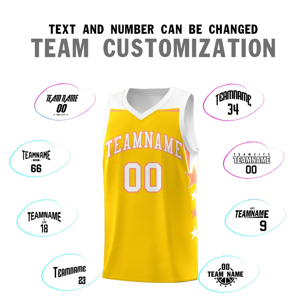 Custom Youth Basketball Uniform Gold White Two Tone Side Star Color Block Team Jersey