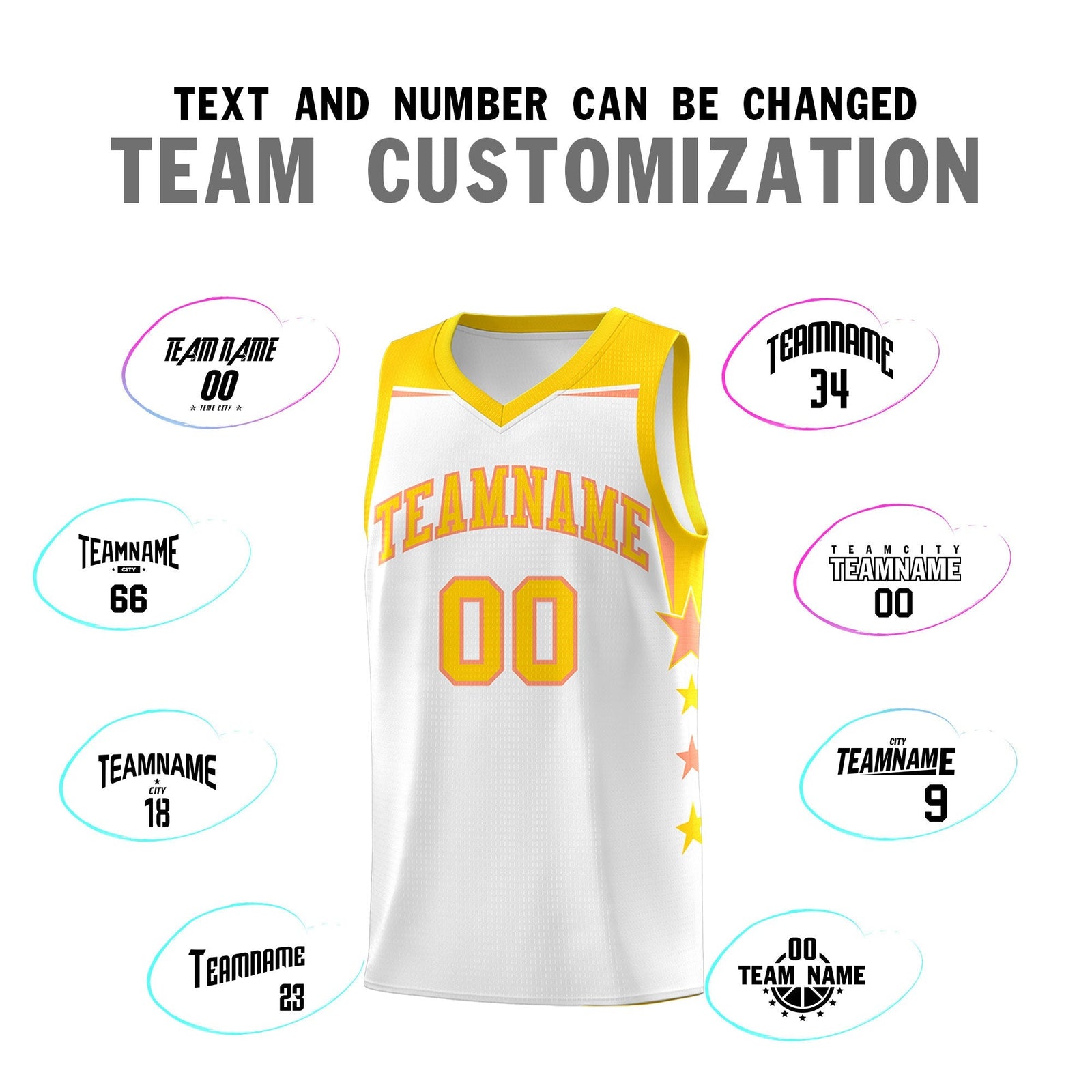 Custom Youth Basketball Uniform White Gold Two Tone Side Star Add Name Number & Logo