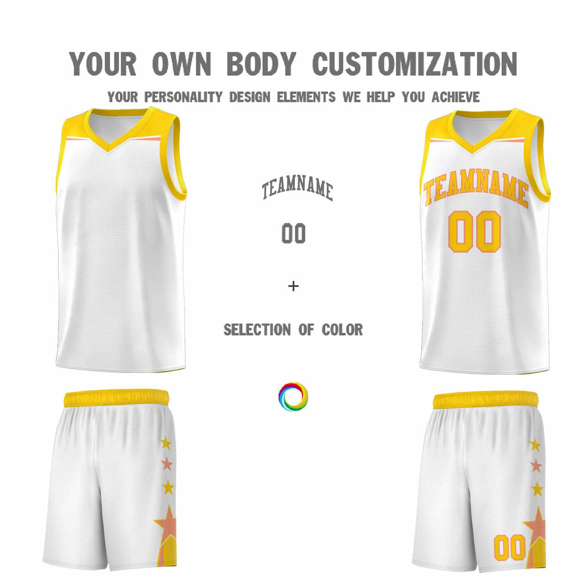 Custom Youth Basketball Uniform White Gold Two Tone Side Star Add Name Number &amp; Logo