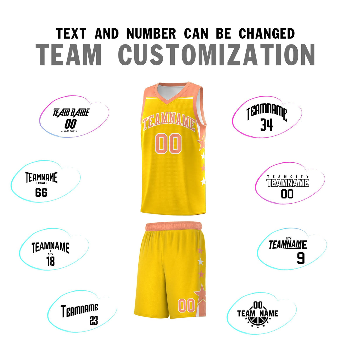 Custom Youth Basketball Uniform Gold Light Orange Two Tone Side Star Color Block Team Jersey