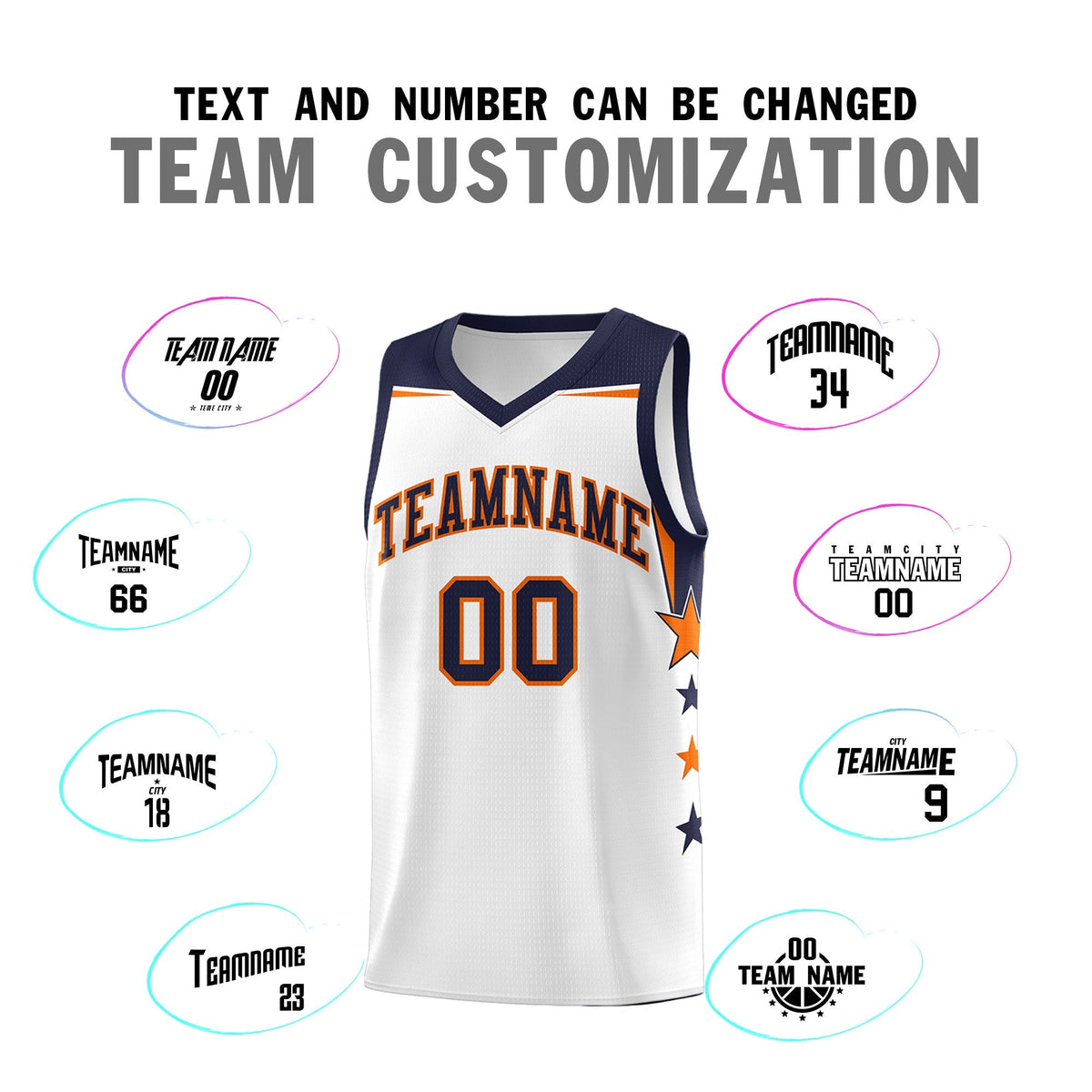 Custom Youth Basketball Uniform White Navy Two Tone Side Star Add Name Number &amp; Logo
