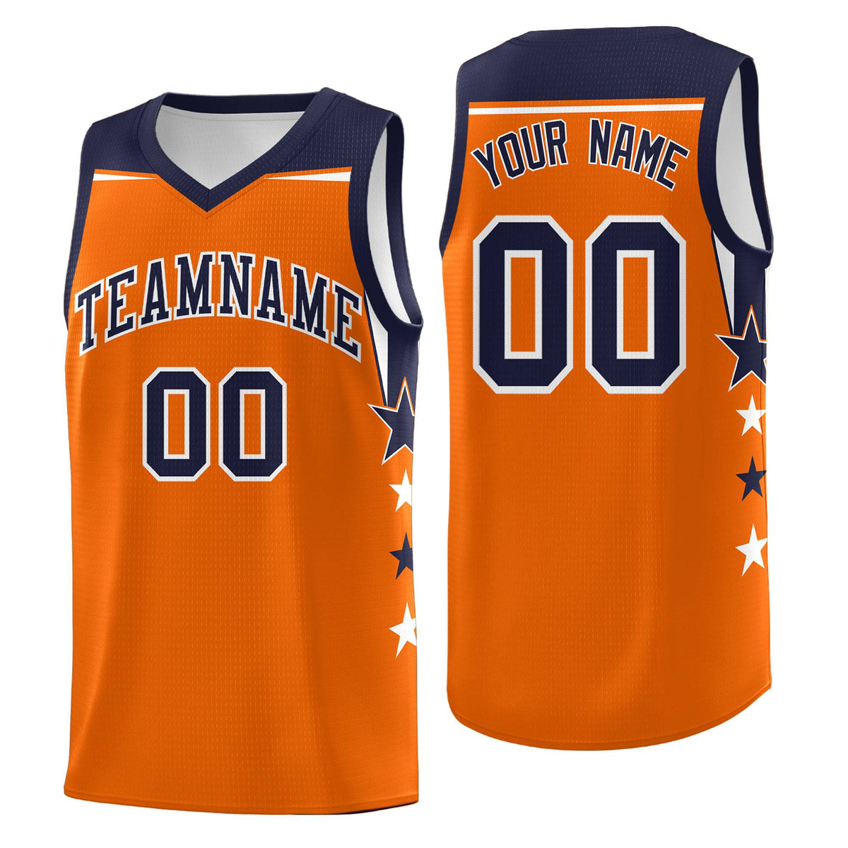 Custom Youth Basketball Uniform Orange Navy Two Tone Side Star Color Block Team Jersey