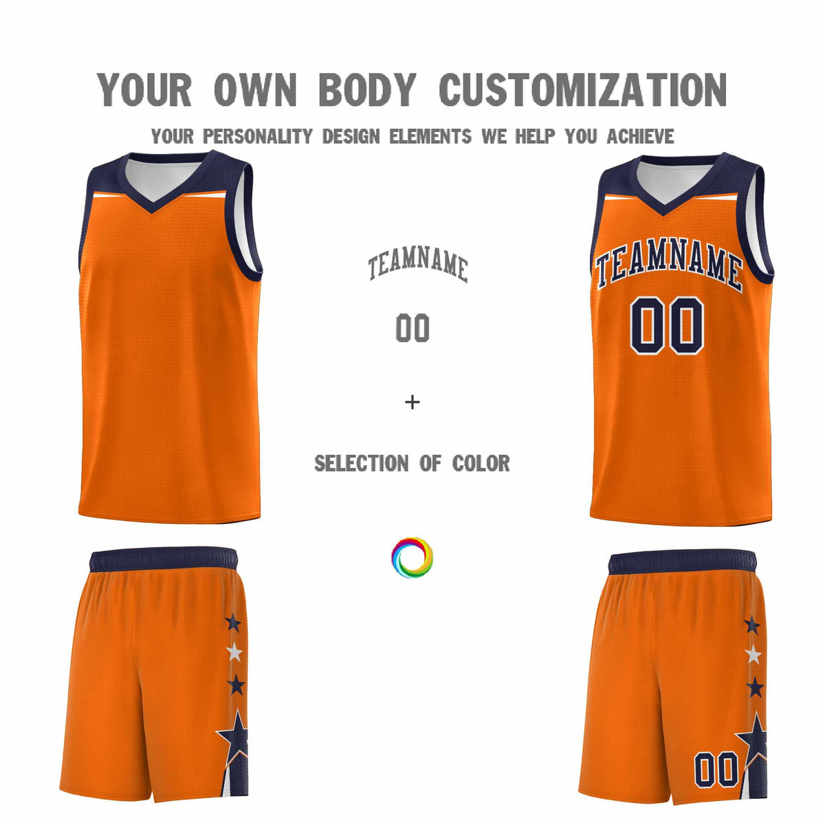 Custom Youth Basketball Uniform Orange Navy Two Tone Side Star Color Block Team Jersey