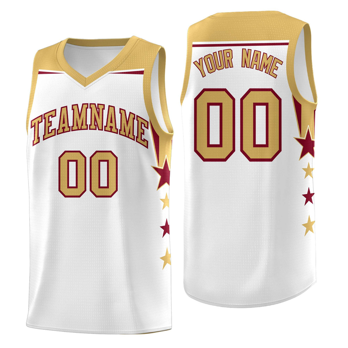 Custom Youth Basketball Uniform White Old Gold Two Tone Side Star Add Name Number &amp; Logo