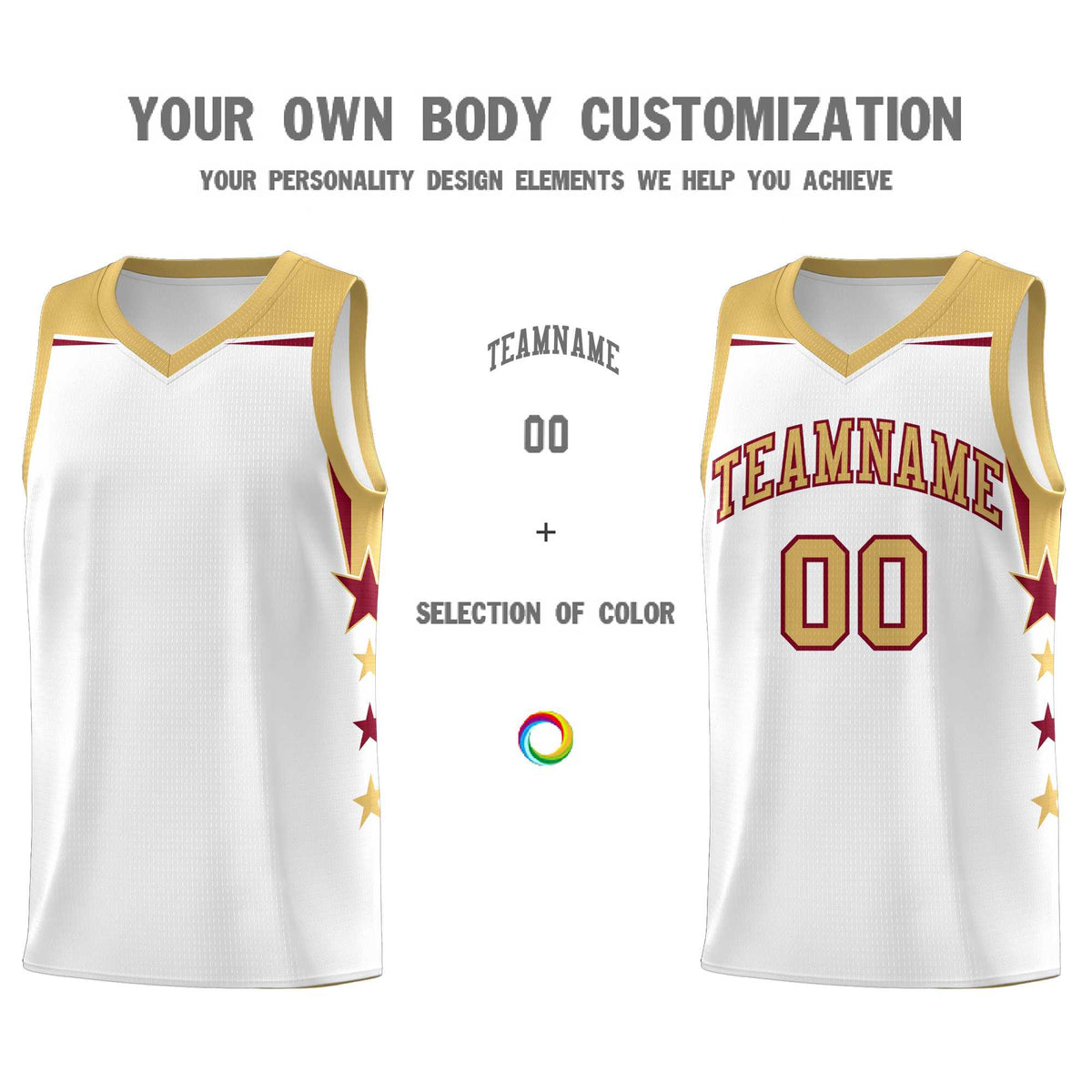 Custom Youth Basketball Uniform White Old Gold Two Tone Side Star Add Name Number &amp; Logo