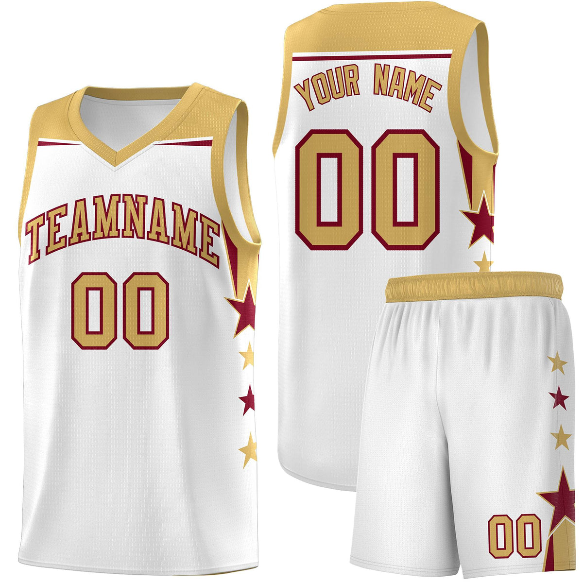 Custom Youth Basketball Uniform White Old Gold Two Tone Side Star Add Name Number &amp; Logo