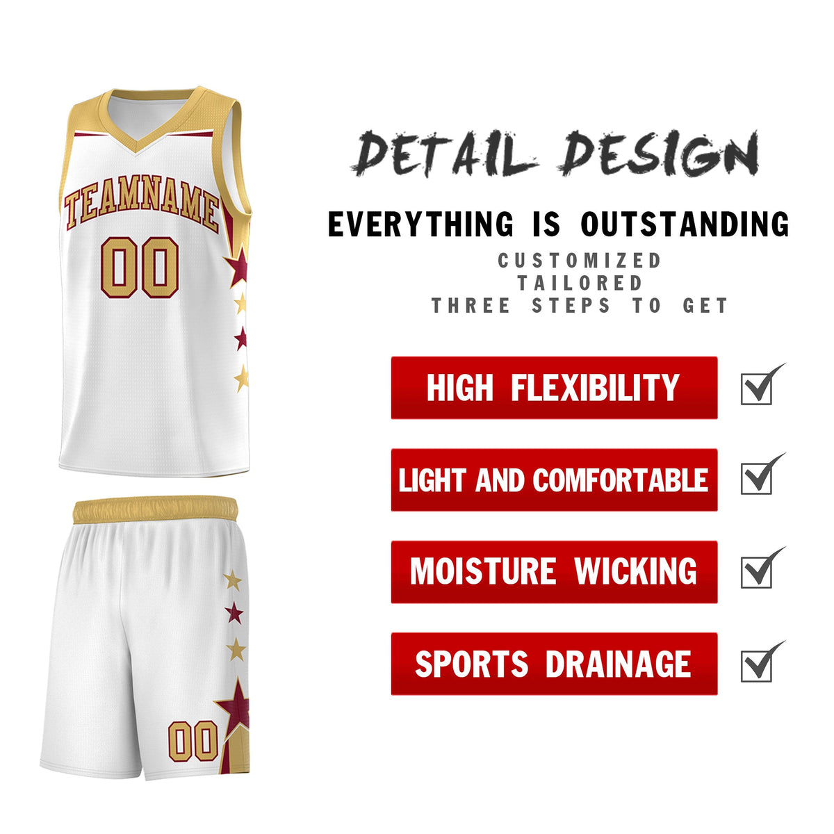 Custom Youth Basketball Uniform White Old Gold Two Tone Side Star Add Name Number &amp; Logo
