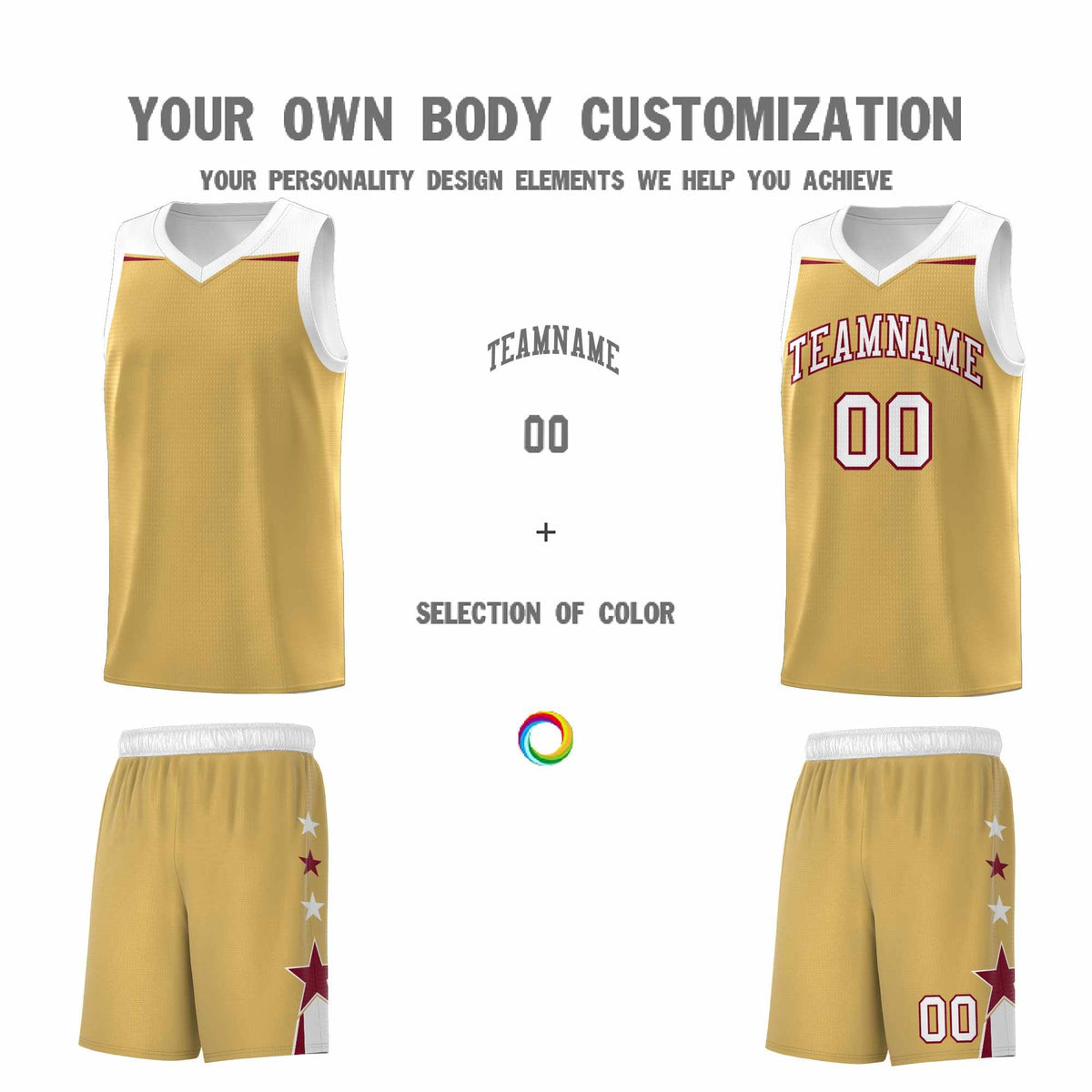 Custom Youth Basketball Uniform Old Gold White Two Tone Side Star Personalized Team Jersey