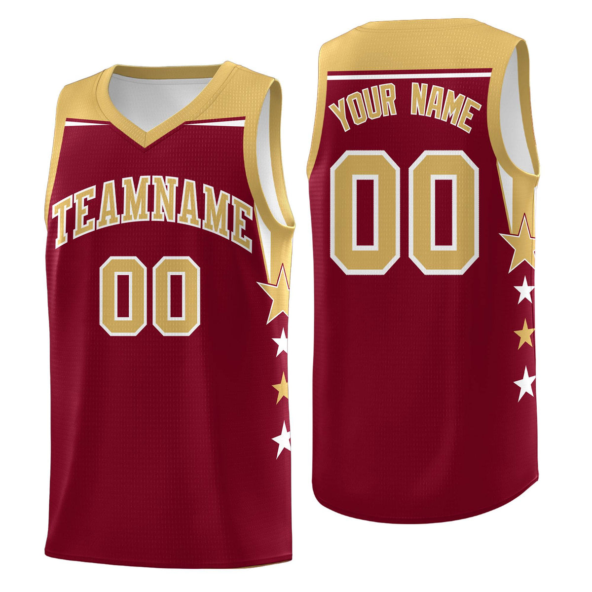 Custom Youth Basketball Uniform Crimson Old Gold Two Tone Side Star Color Block Team Jersey