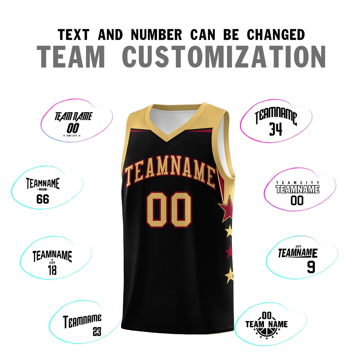 Custom Youth Basketball Uniform Black Old Gold Two Tone Side Star Add Name Number &amp; Logo