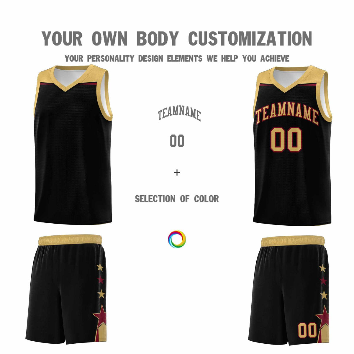 Custom Youth Basketball Uniform Black Old Gold Two Tone Side Star Add Name Number &amp; Logo