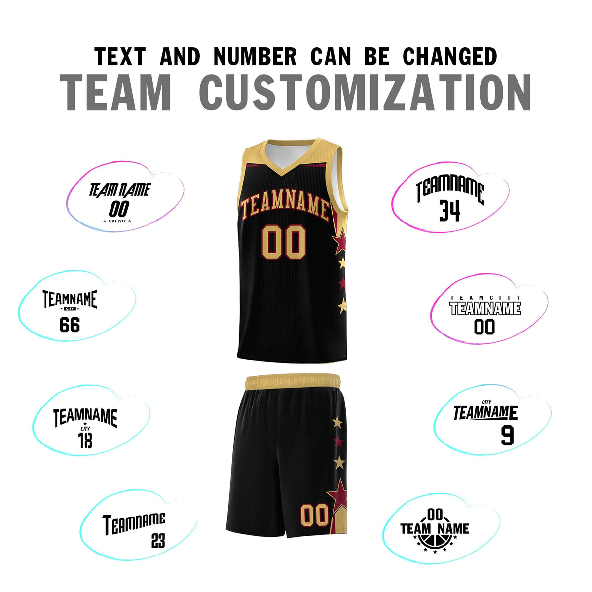 Custom Youth Basketball Uniform Black Old Gold Two Tone Side Star Add Name Number &amp; Logo
