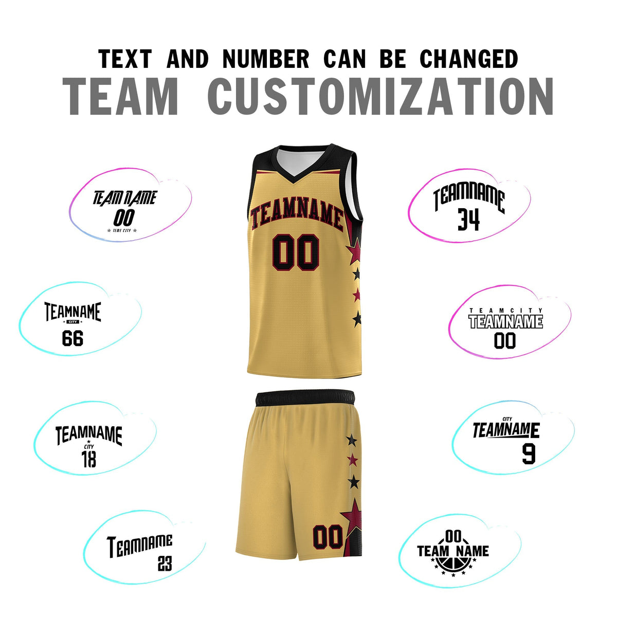 Custom Youth Basketball Uniform Old Gold Black Two Tone Side Star Personalized Team Jersey