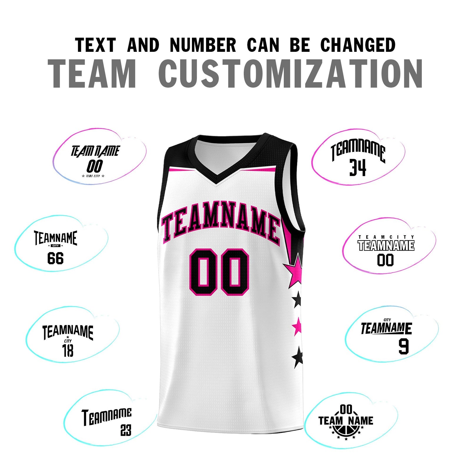 Custom Youth Basketball Uniform White Black Two Tone Side Star Add Name Number & Logo