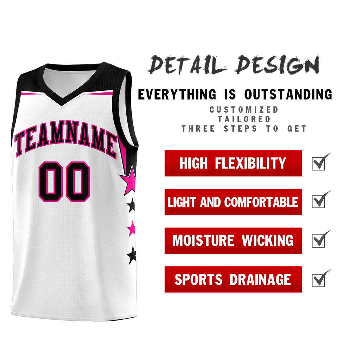 Custom Youth Basketball Uniform White Black Two Tone Side Star Add Name Number &amp; Logo