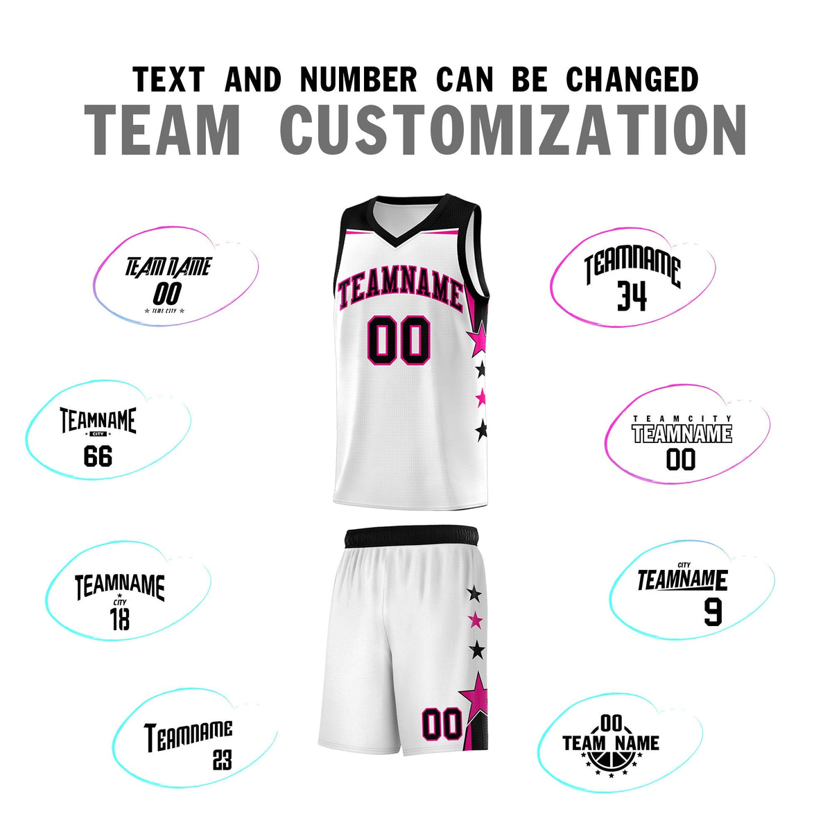 Custom Youth Basketball Uniform White Black Two Tone Side Star Add Name Number &amp; Logo