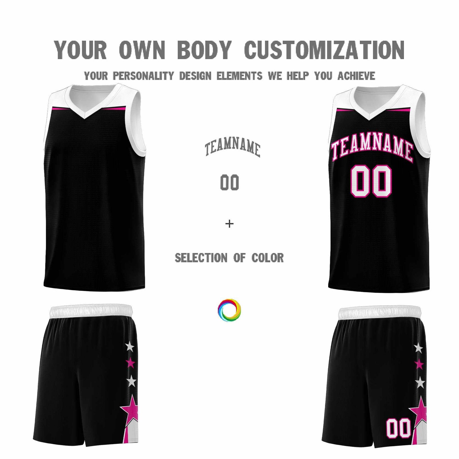 Custom Youth Basketball Uniform Black White Two Tone Side Star Personalized Team Jersey