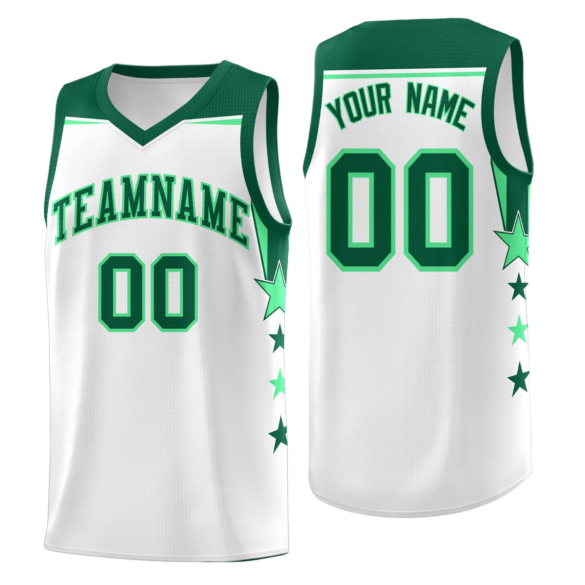 Custom Youth Basketball Uniform White Kelly Green Two Tone Side Star Add Name Number & Logo