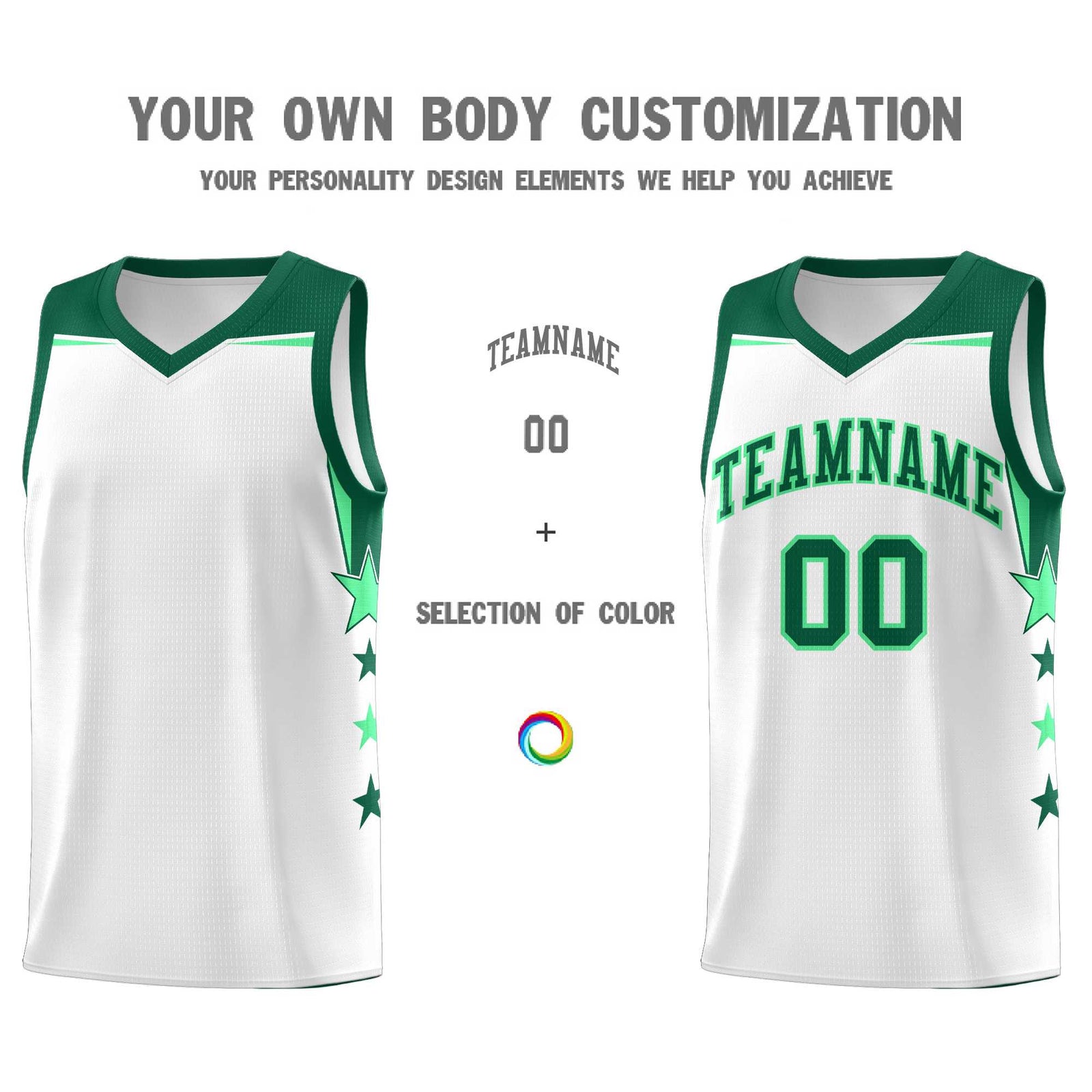 Custom Youth Basketball Uniform White Kelly Green Two Tone Side Star Add Name Number & Logo