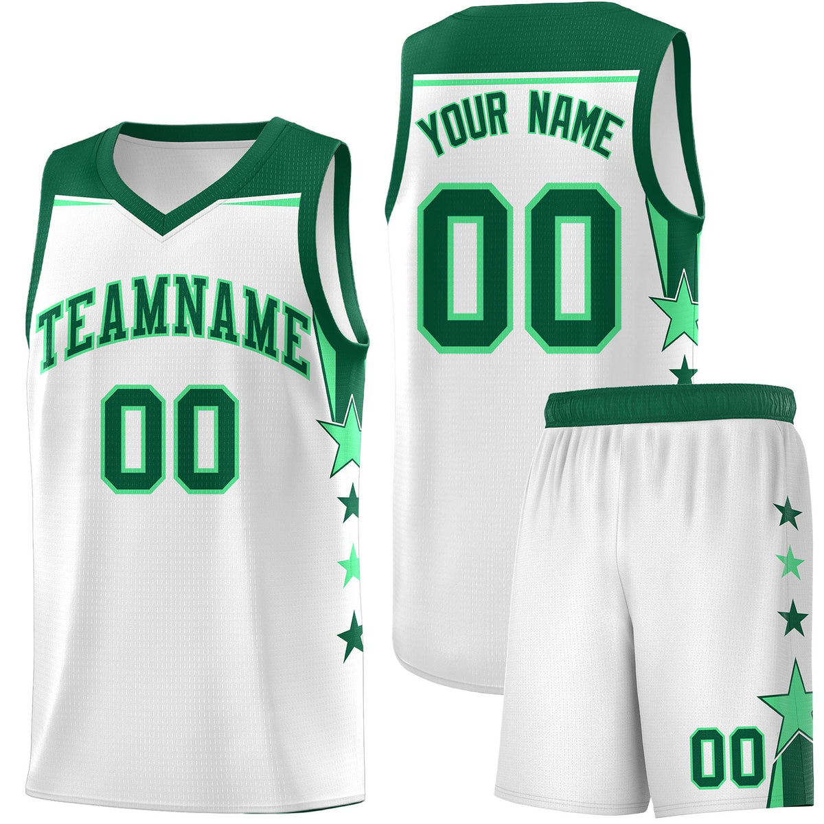 Custom Youth Basketball Uniform White Kelly Green Two Tone Side Star Add Name Number & Logo