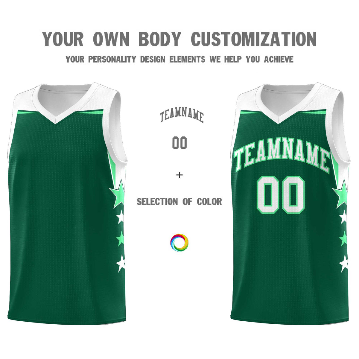Custom Youth Basketball Uniform Kelly Green White Two Tone Side Star Personalized Team Jersey