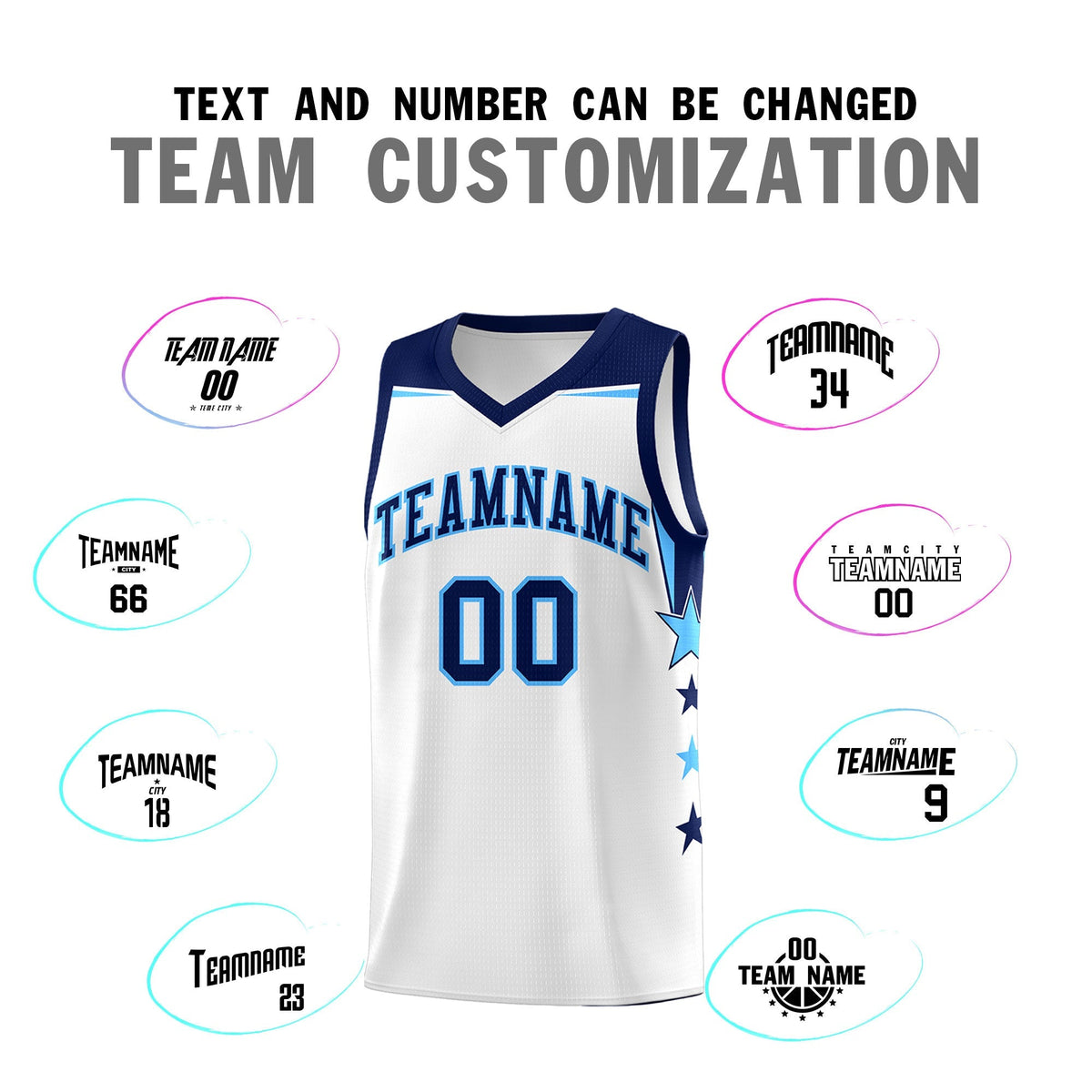 Custom Youth Basketball Uniform White Navy Two Tone Side Star Add Name Number & Logo