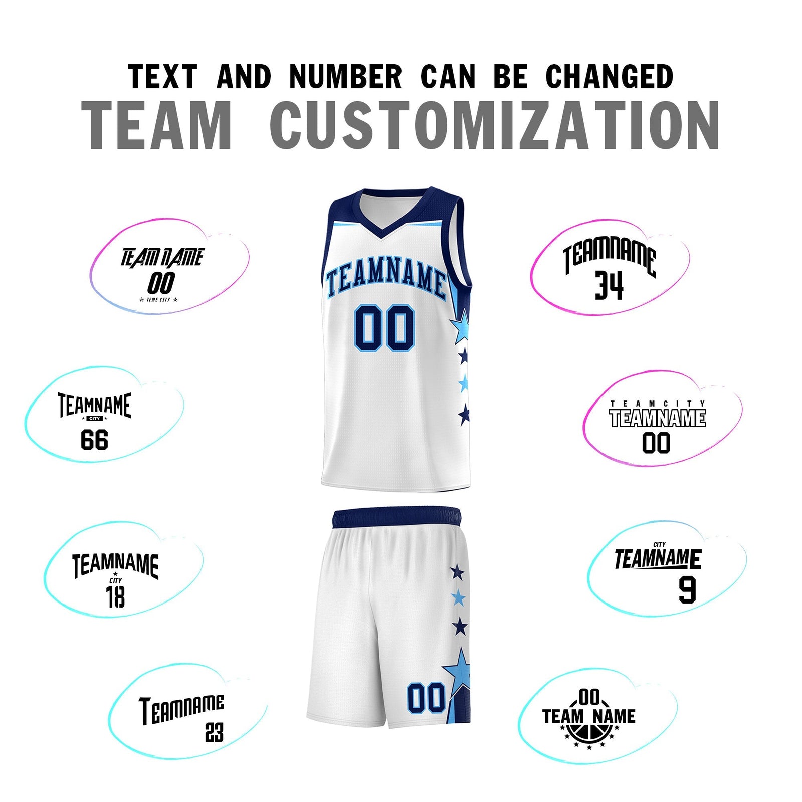 Custom Youth Basketball Uniform White Navy Two Tone Side Star Add Name Number & Logo