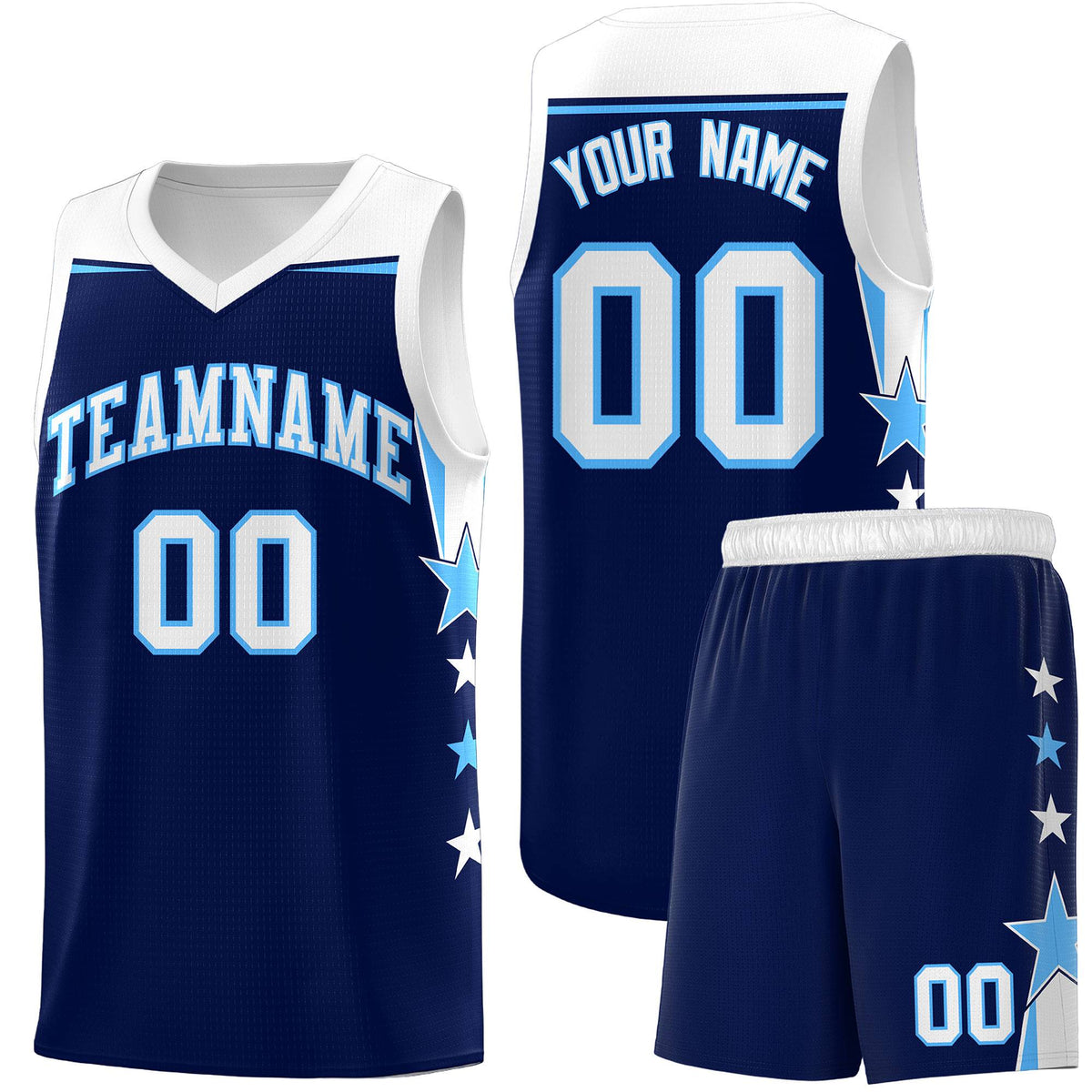 Custom Youth Basketball Uniform Navy White Two Tone Side Star Personalized Team Jersey