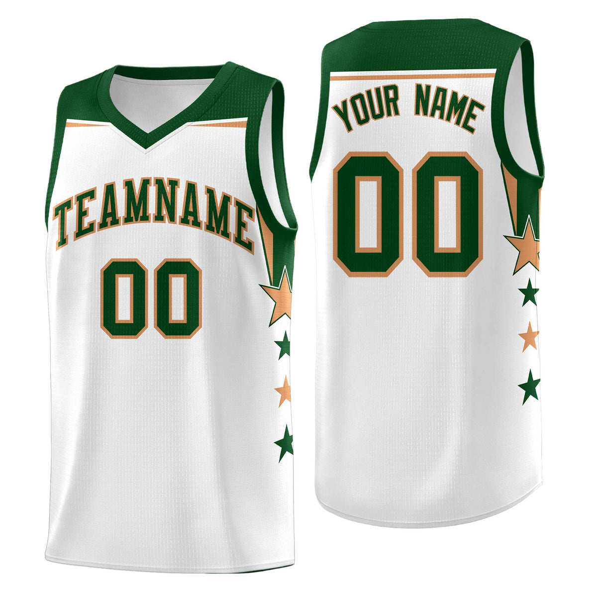 Custom Youth Basketball Uniform White Green Two Tone Side Star Add Name Number &amp; Logo