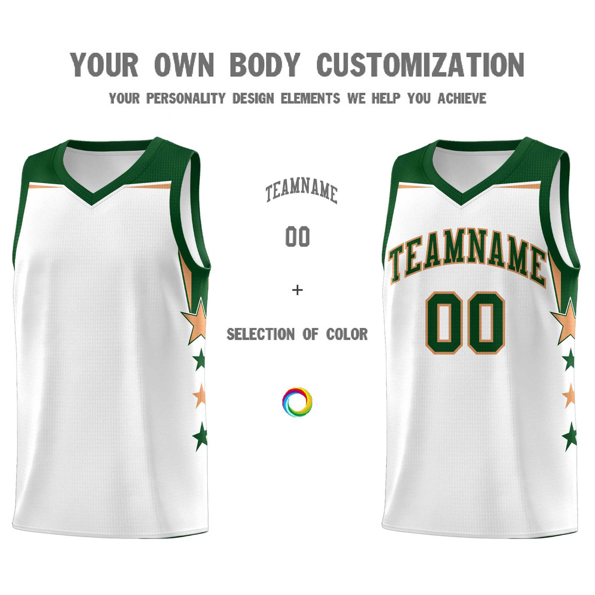 Custom Youth Basketball Uniform White Green Two Tone Side Star Add Name Number &amp; Logo
