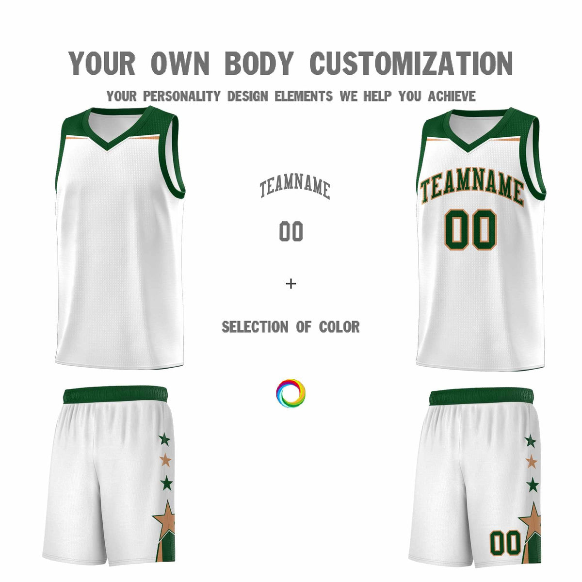 Custom Youth Basketball Uniform White Green Two Tone Side Star Add Name Number &amp; Logo
