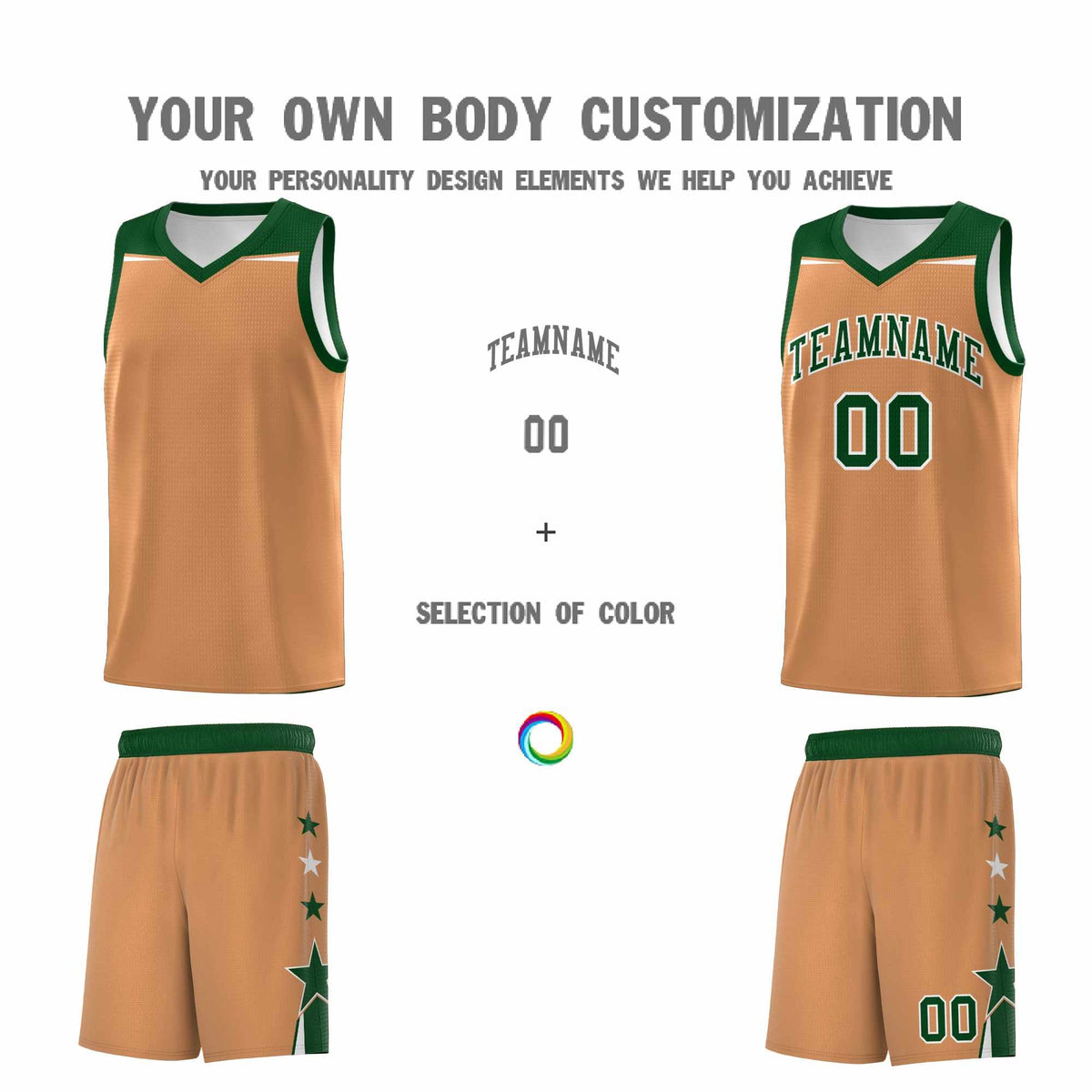 Custom Youth Basketball Uniform Buckskin Brown Green Two Tone Side Star Color Block Team Jersey