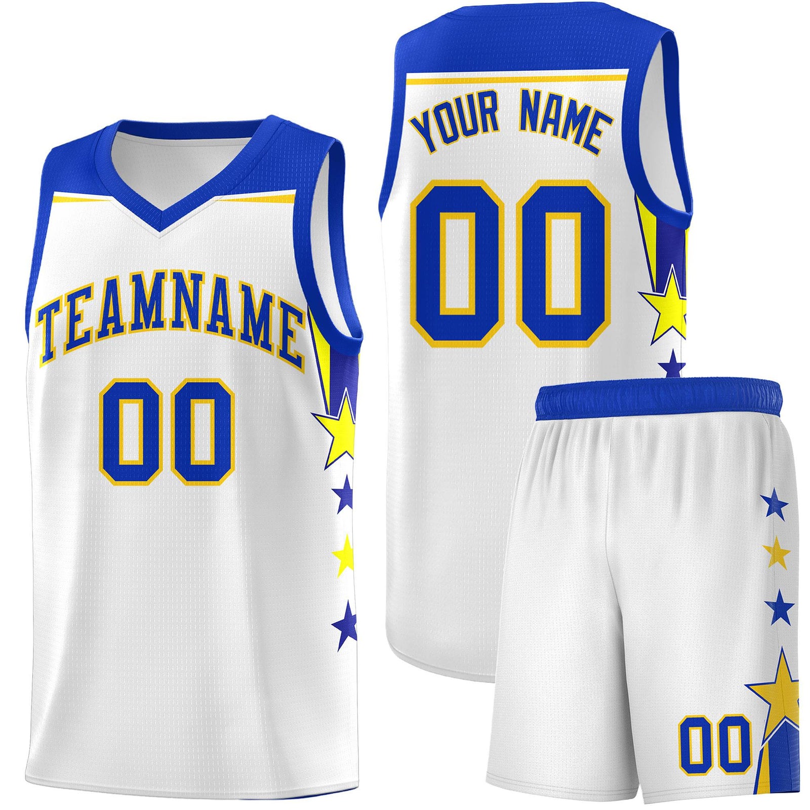 Custom Youth Basketball Uniform White Royal Two Tone Side Star Add Name Number & Logo