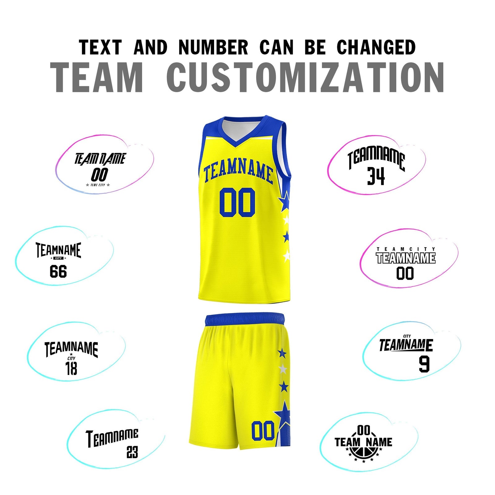 Custom Youth Basketball Uniform Fluorescent Yellow Royal Two Tone Side Star Color Block Team Jersey